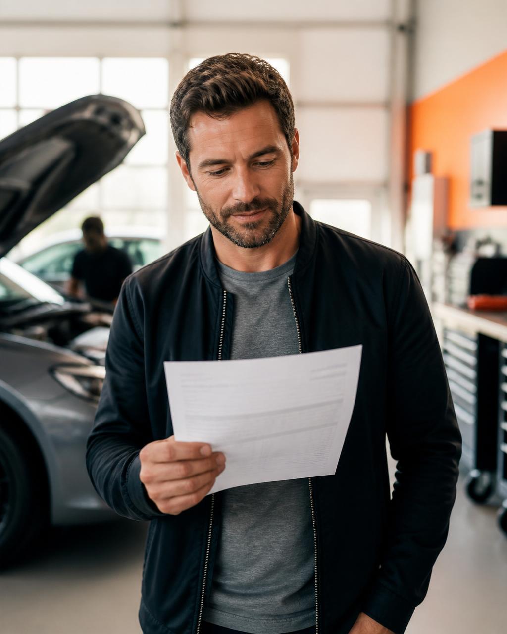 Customer reviewing an auto repair estimate in a service lane